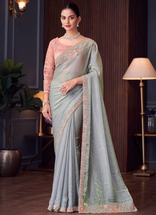 Sattin Silk Sky Blue Party Wear Embroidery Work Saree